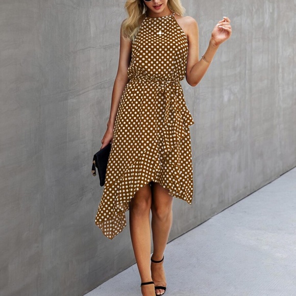 Boho Polka Dot Belted Ruffle Mini Dress Navy Blue - Picture 8 of 8